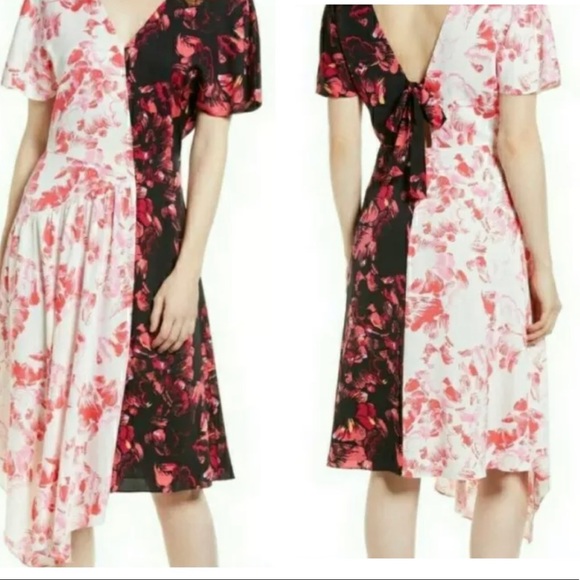 Lewit Double Print Floral 6 Silk Dress V Neck Asymmetrical Pink Black - Picture 3 of 10